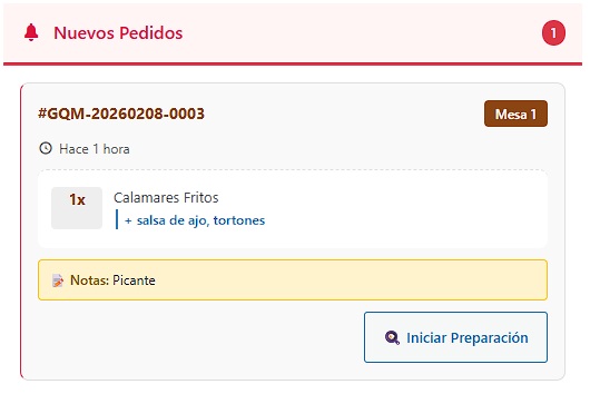 Una tarjeta de pedido individual con toda su informacion